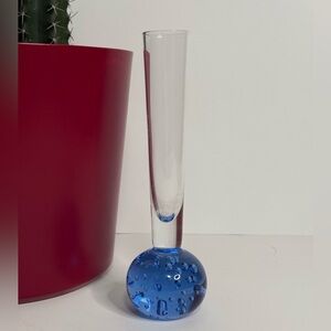Vintage Bud Vase Hand made Blown Controlled Bubble Blue Art Glass Bud Vase